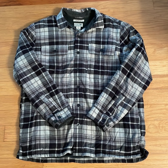 L.L.Bean Traditional Fit Men’s Flannel Grey Plaid Fleece lined shirt jacket Sz L - Picture 1 of 10